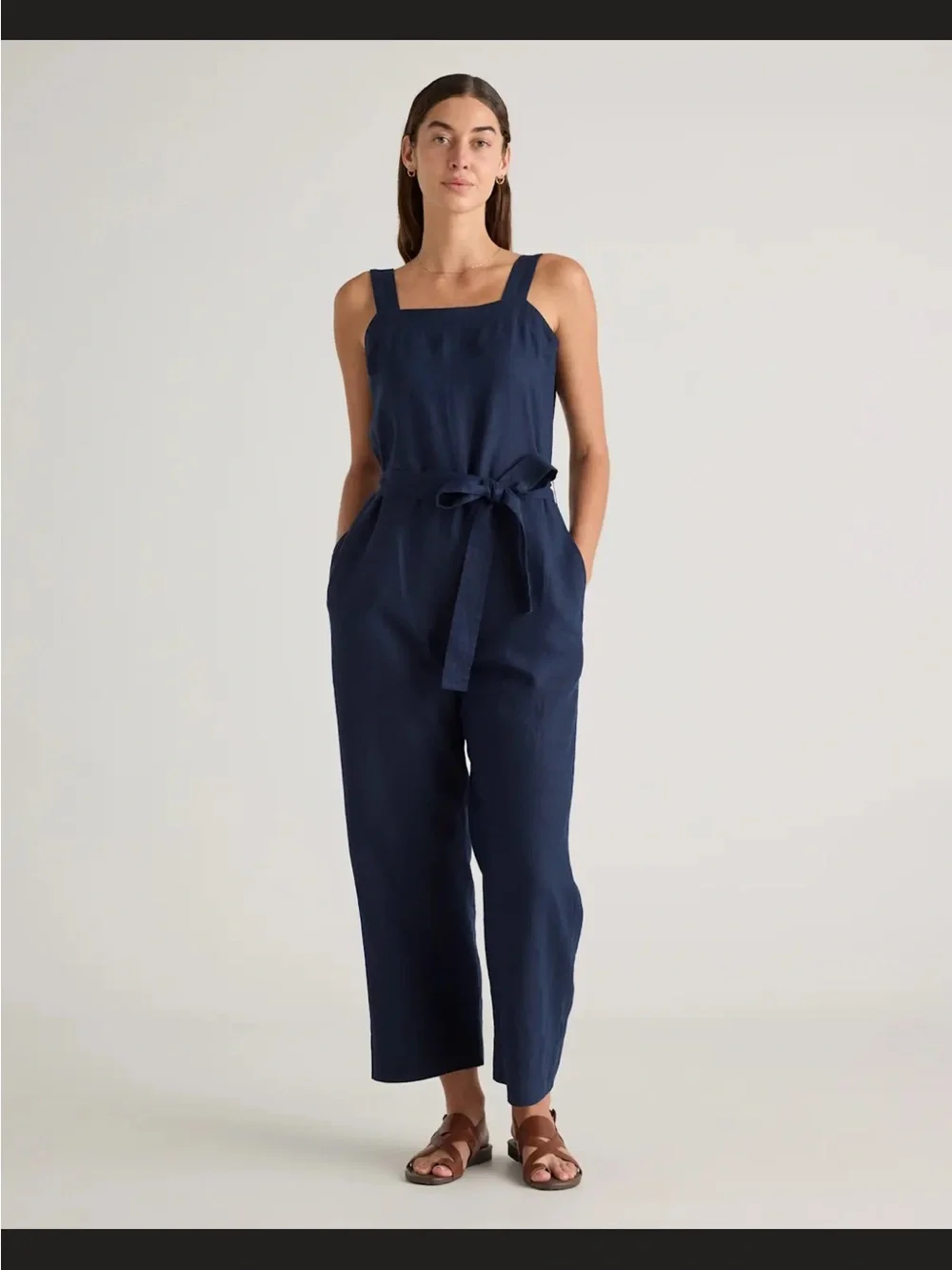 Quince Navy Square-Neck Linen Blend Jumpsuit with Tie Belt